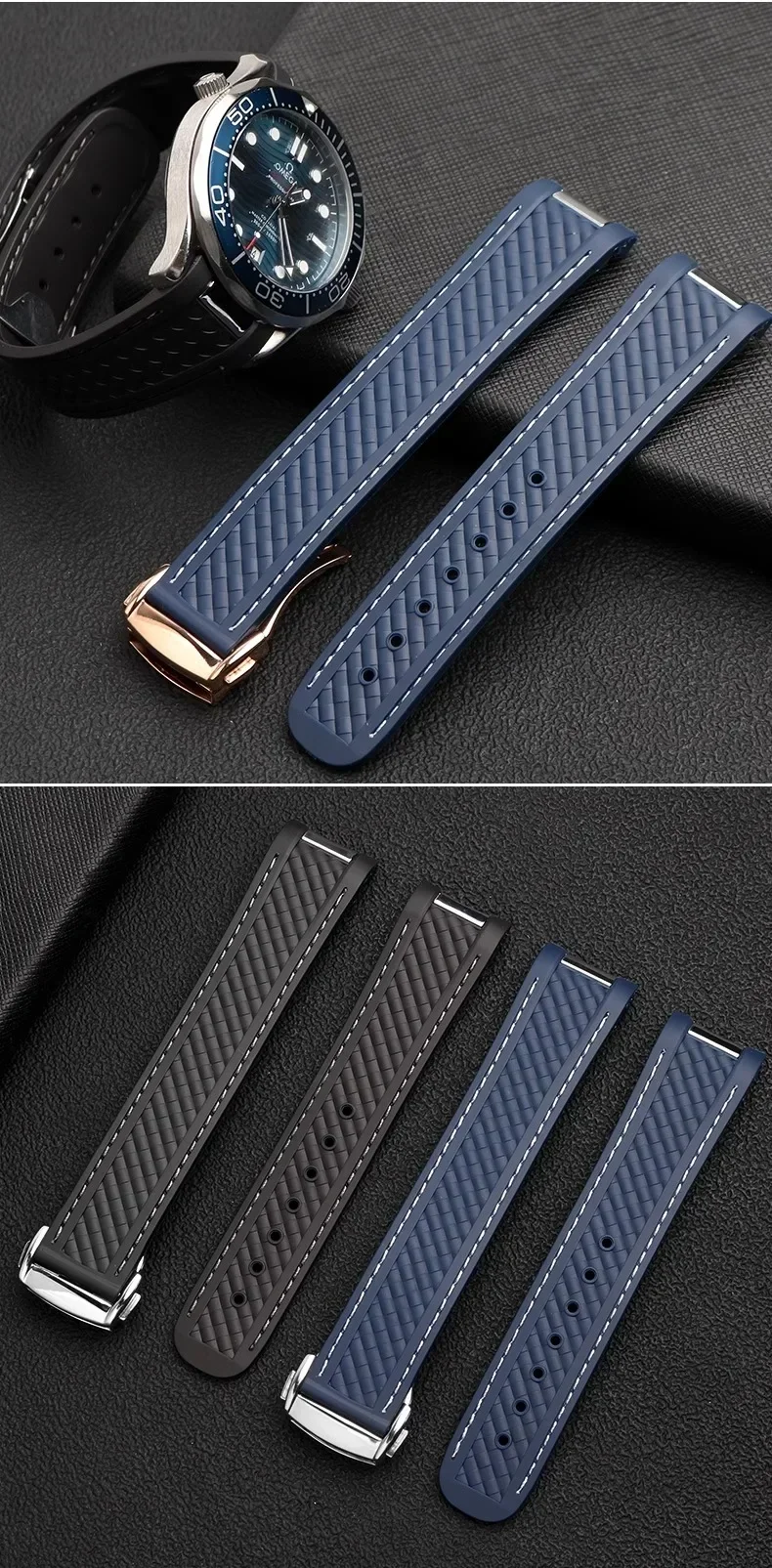 Rubber Silicone Watch Strap For Omega Seamaster 300 AT150 Aqua Terra Ultra Light 8900 Steel Buckle Blue Watchband Bracelets 20mm
