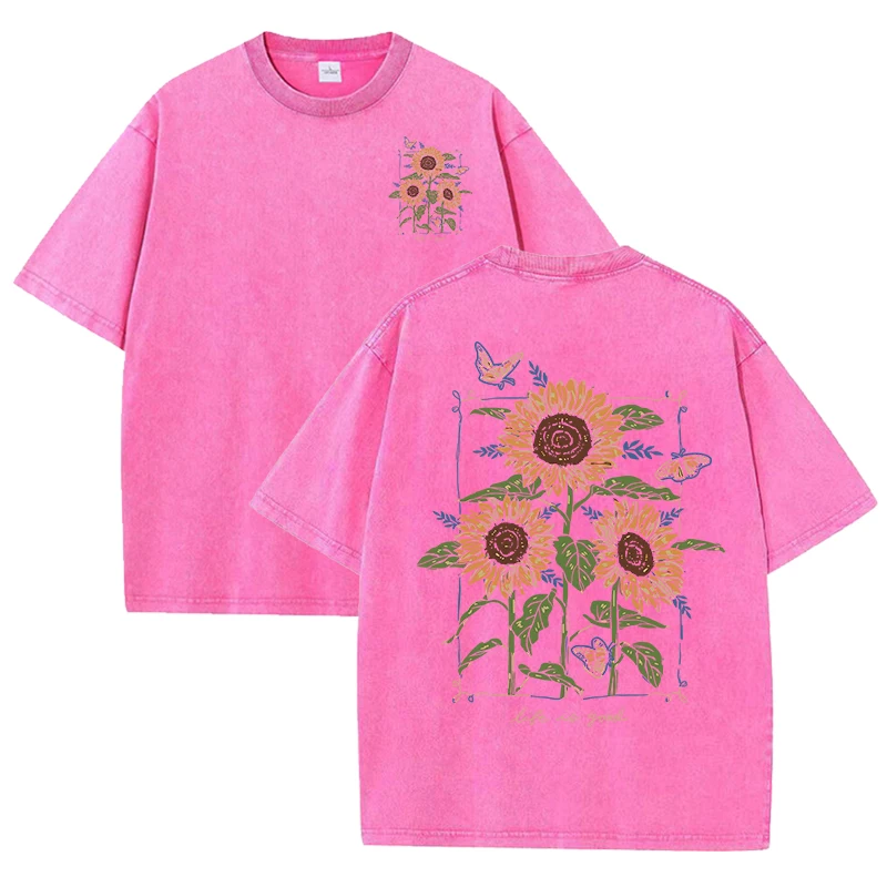 Lift Is Good Beautiful Sunflower Print Washed T Shirts Women Soft Cotton T-Shirt Street Creative Short Sleeve Summer Casual Tops