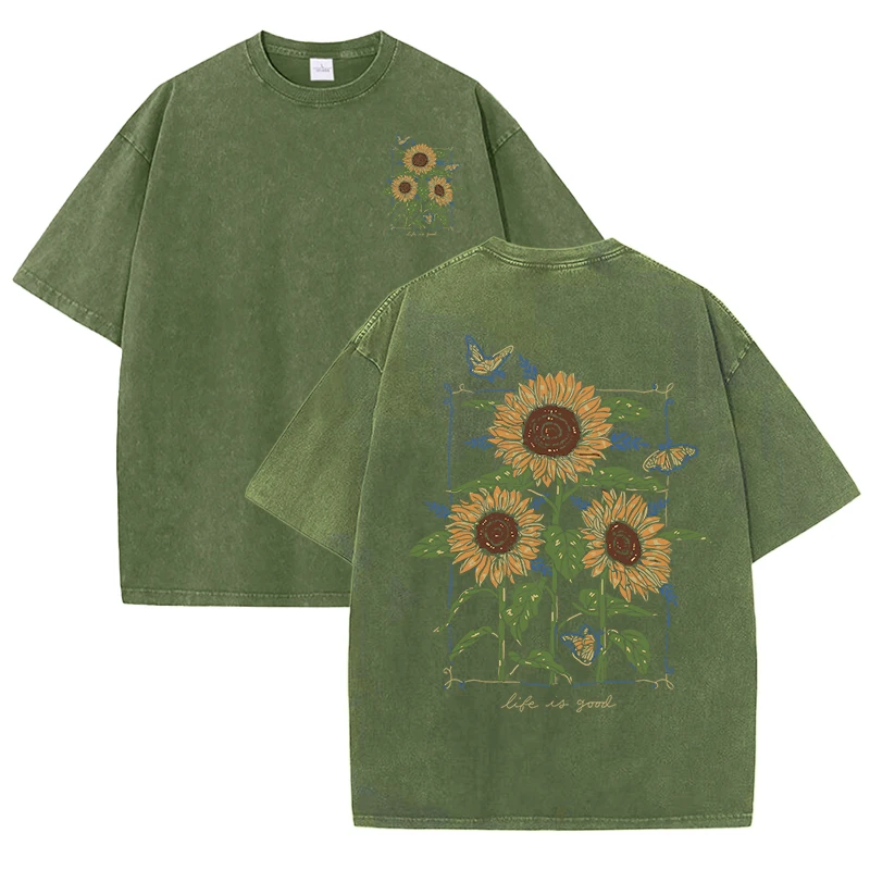 Lift Is Good Beautiful Sunflower Print Washed T Shirts Women Soft Cotton T-Shirt Street Creative Short Sleeve Summer Casual Tops