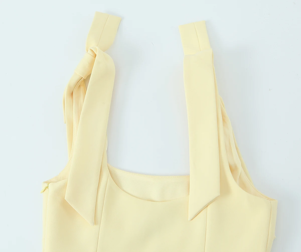 KONDALA Sexy Chic Yellow Bow Tops Women Zipper Tie Up Slim Short Cami Tops Women Fashion 2025 Summer Elegant Y2K Girl Blouses