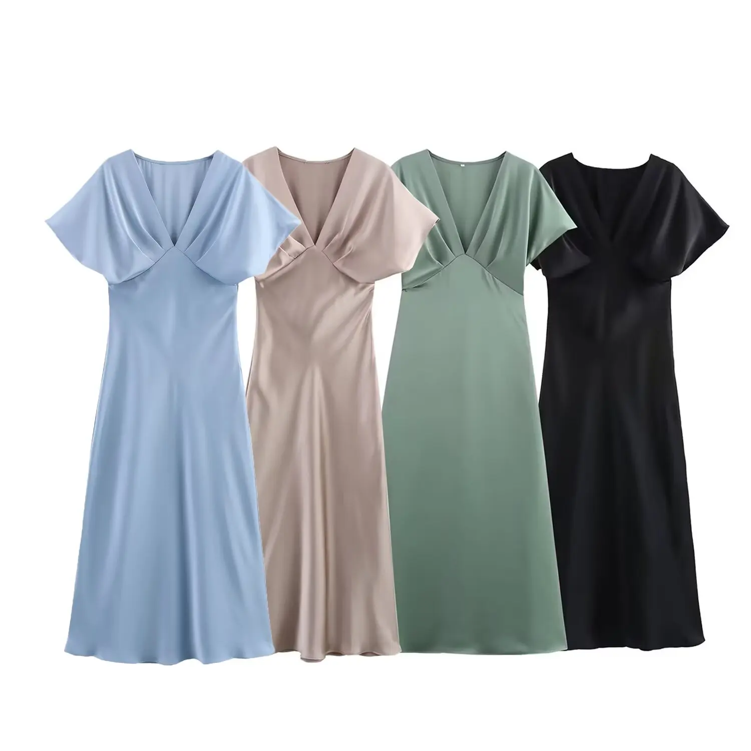 HH Women Elegant Solid Satin Dress Sexy V Neck Short Sleeve Midi Dress 2025 New Fashion Summer Lady Holidays Party Dress