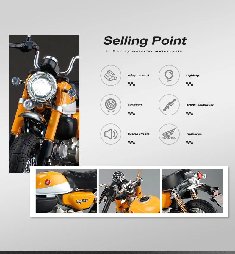 1:9 Honda Monkey 125 MINI Alloy Die Cast Motorcycle Model Toy Vehicle Collection Sound and Light Off Road Autocycle Toys Car