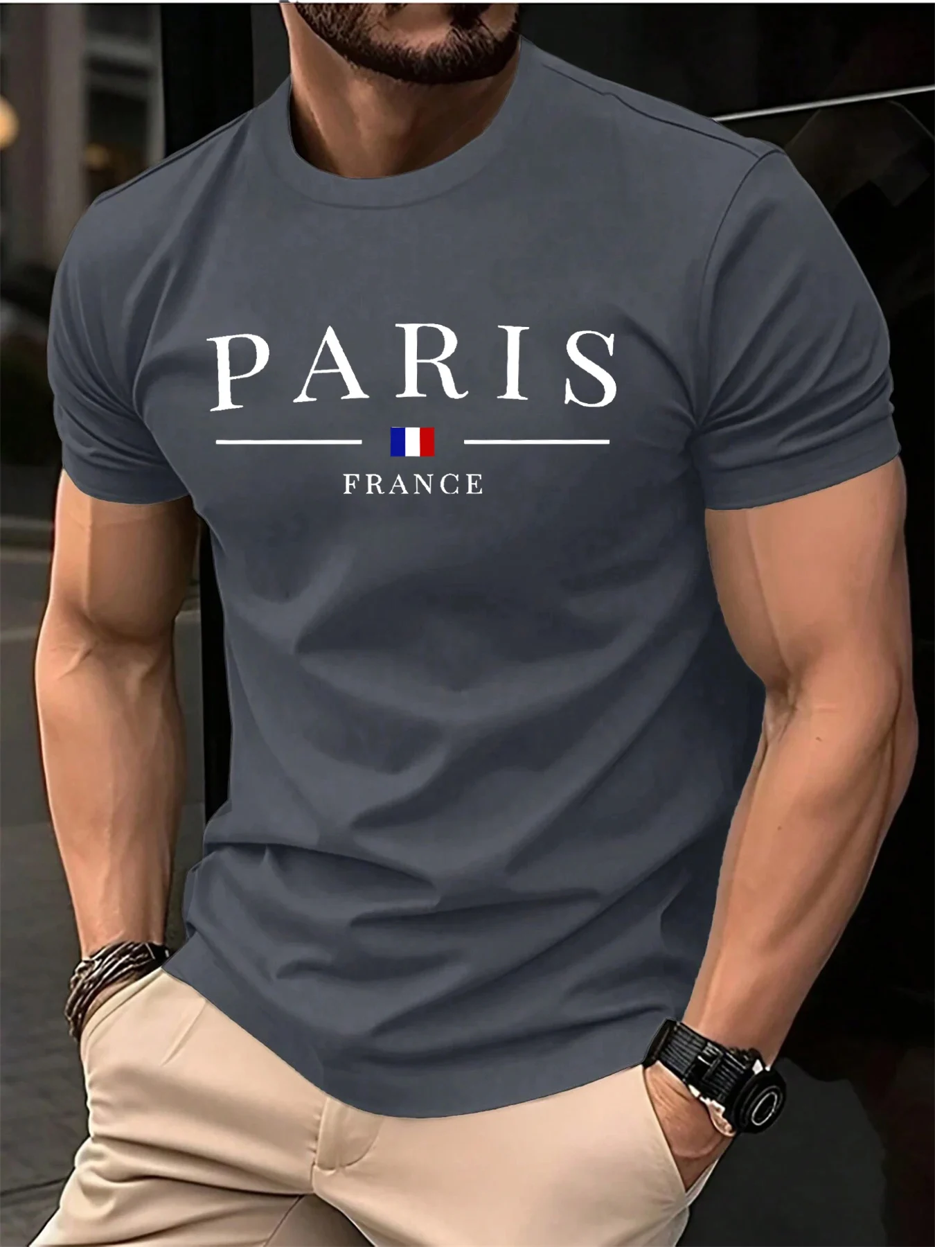 Summer Men's 100% Pure Cotton Casual Loose Plus Size Paris French Printed Sports Comfortable Round Neck Short Sleeved T-Shirt
