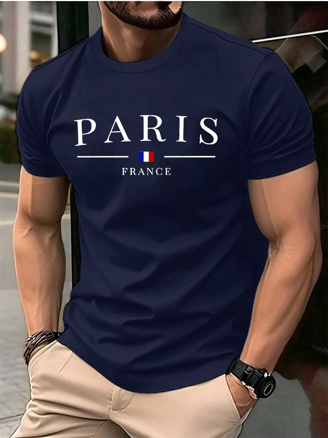 Summer Men's 100% Pure Cotton Casual Loose Plus Size Paris French Printed Sports Comfortable Round Neck Short Sleeved T-Shirt