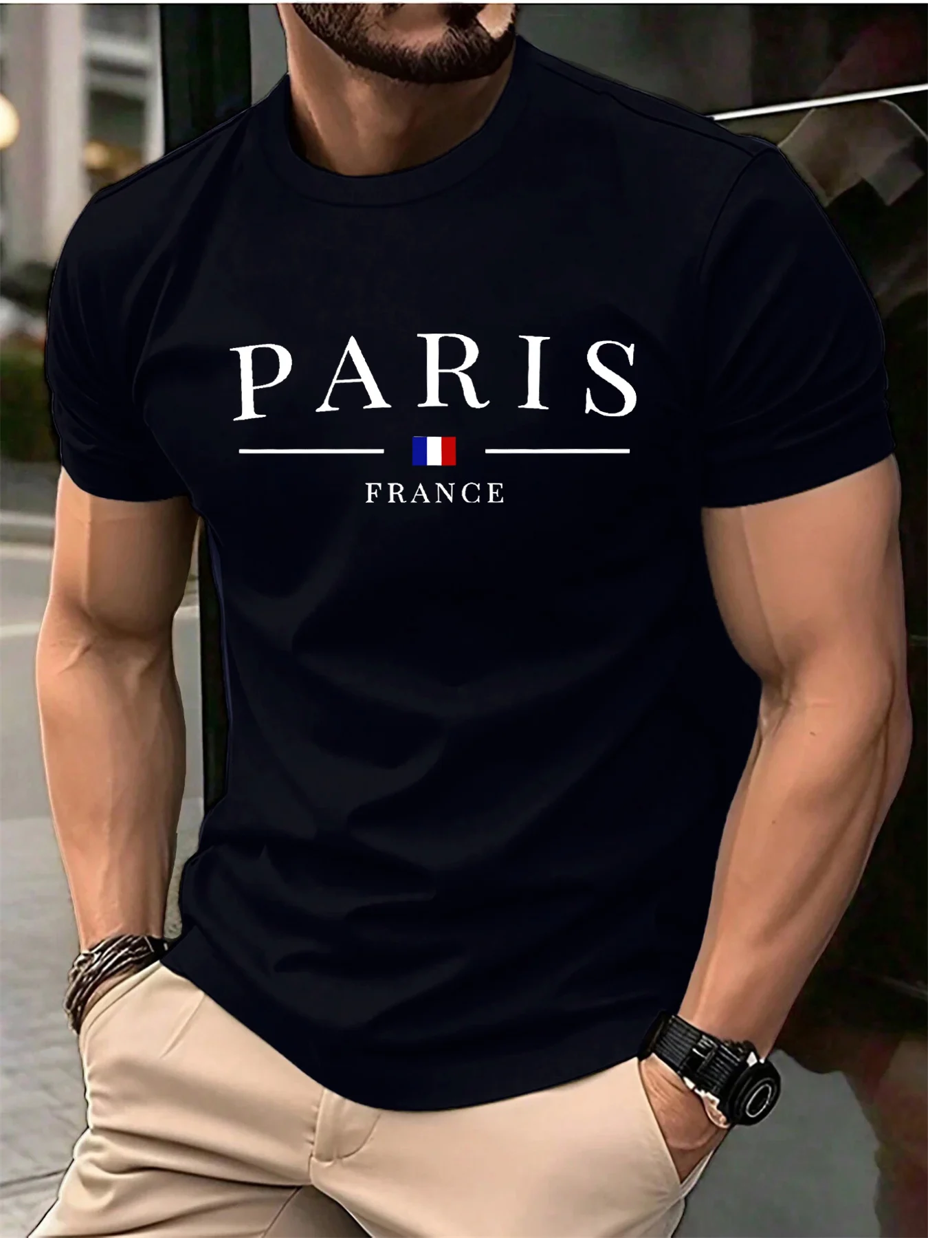 Summer Men's 100% Pure Cotton Casual Loose Plus Size Paris French Printed Sports Comfortable Round Neck Short Sleeved T-Shirt