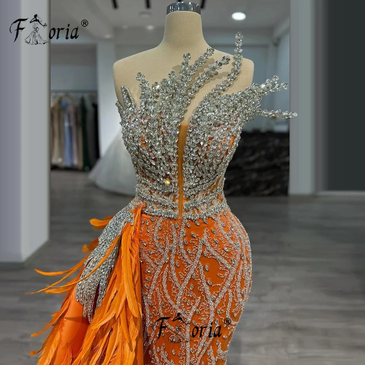 Orange Elegant Dubai Mermaid Evening Dresses Bling Crystal Beads Feathers Prom Dress Luxury Celebrity Party Gowns Customizedi