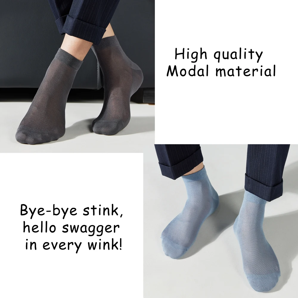 Men's Mulberry Silk & Modal Blend Mid-Calf Socks - Summer Breathable Mesh, Antibacterial Anti-Odor, Thin Black Business Socks