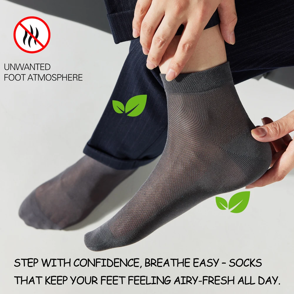 Men's Mulberry Silk & Modal Blend Mid-Calf Socks - Summer Breathable Mesh, Antibacterial Anti-Odor, Thin Black Business Socks