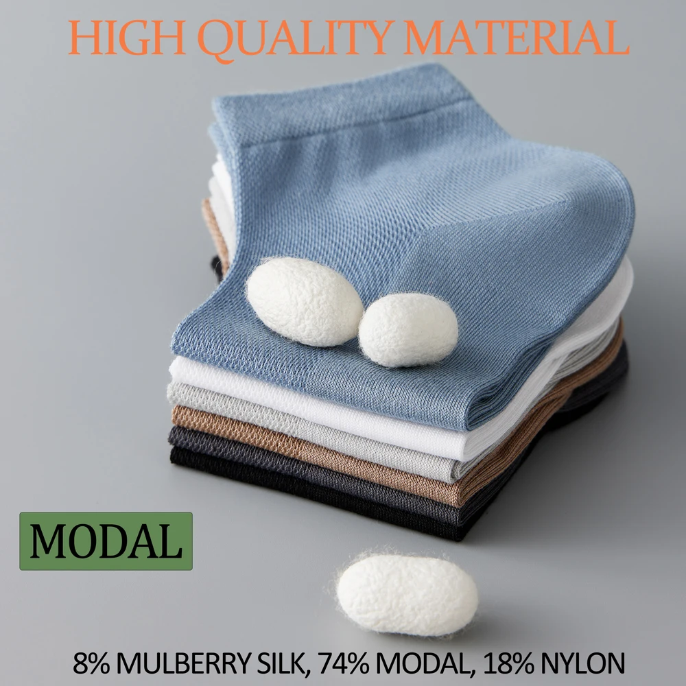 Men's Mulberry Silk & Modal Blend Mid-Calf Socks - Summer Breathable Mesh, Antibacterial Anti-Odor, Thin Black Business Socks