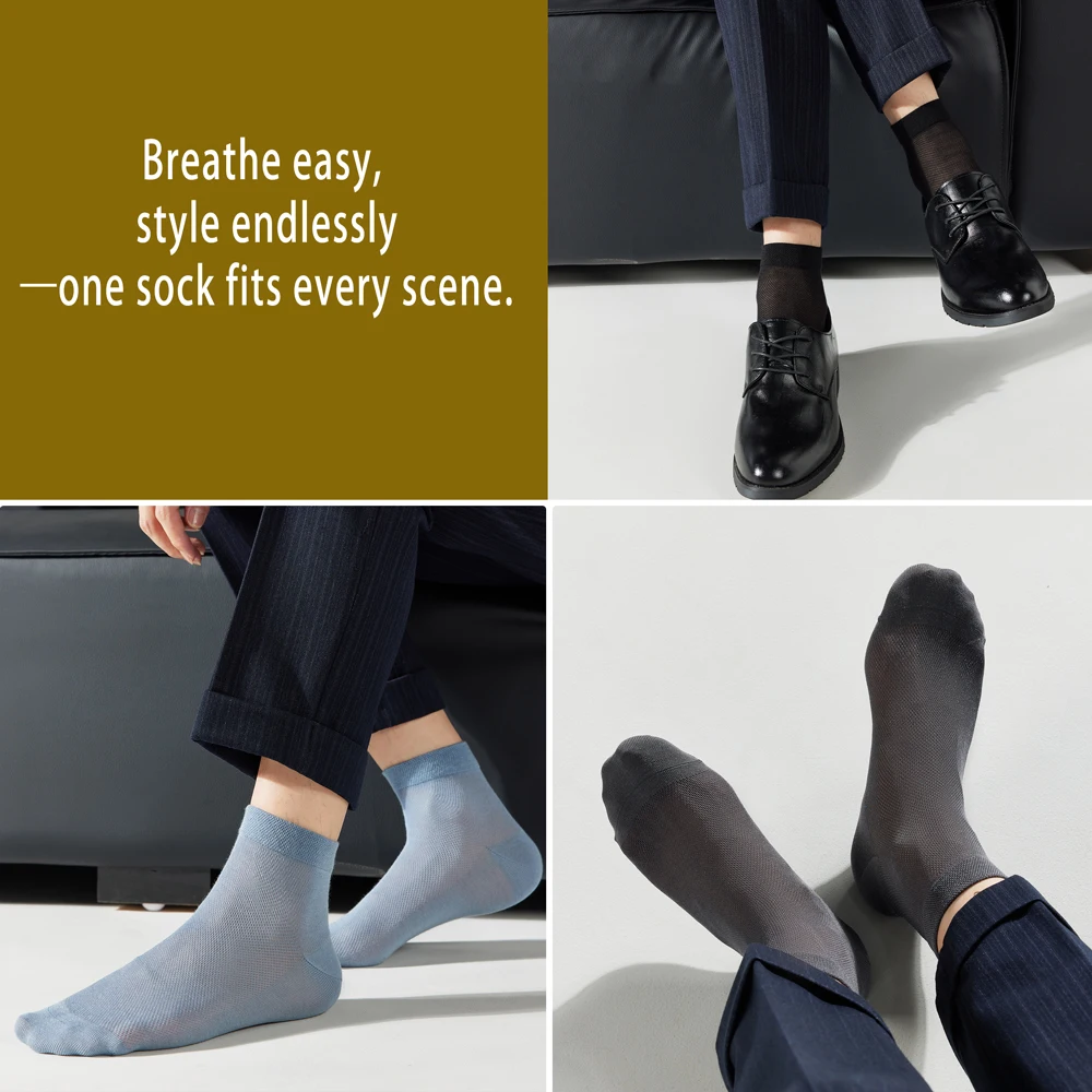 Men's Mulberry Silk & Modal Blend Mid-Calf Socks - Summer Breathable Mesh, Antibacterial Anti-Odor, Thin Black Business Socks