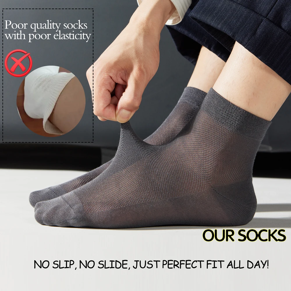 Men's Mulberry Silk & Modal Blend Mid-Calf Socks - Summer Breathable Mesh, Antibacterial Anti-Odor, Thin Black Business Socks