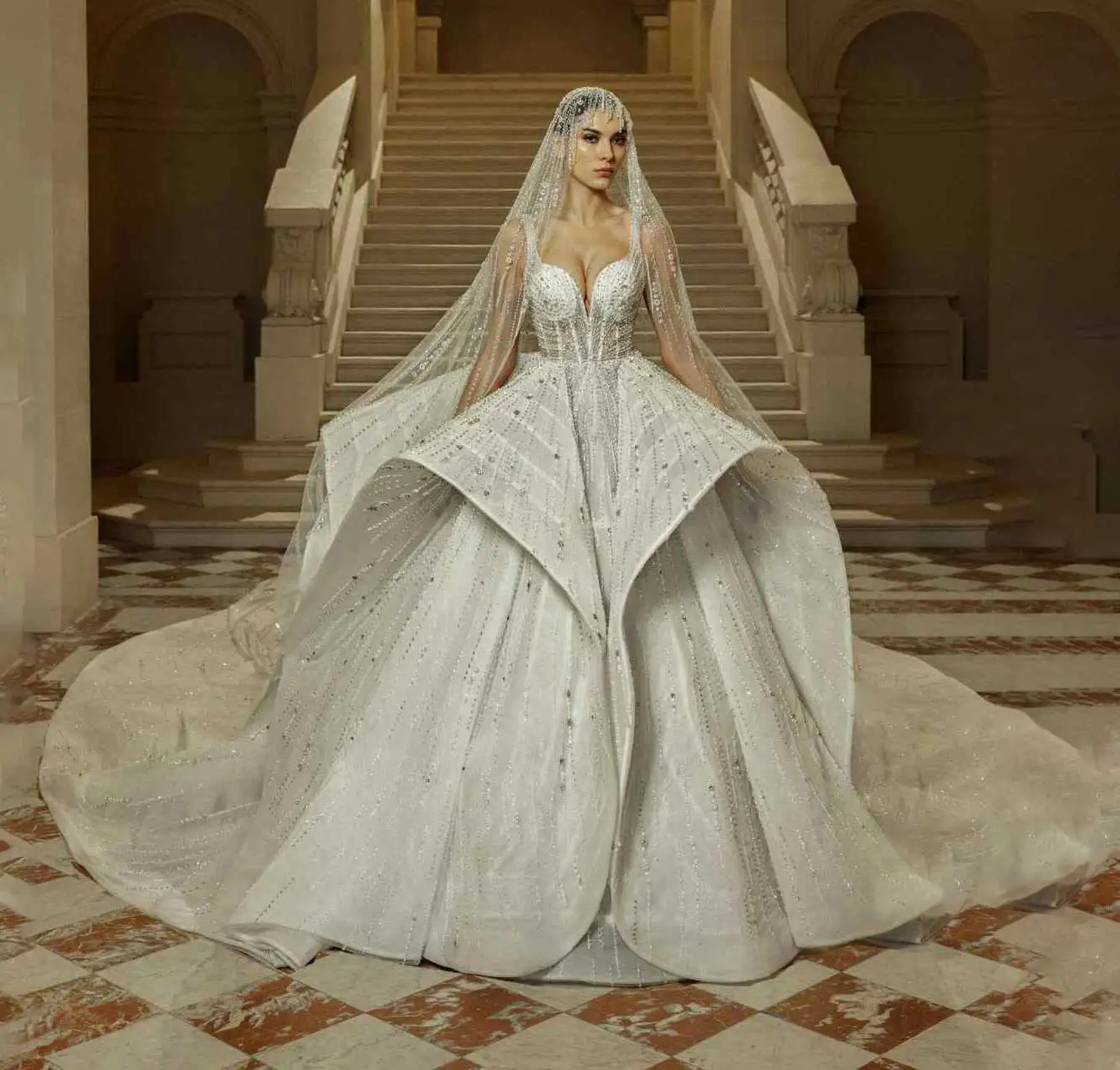 Cathedral Veil No Hair Comb Wedding Veils One Layer Tulle 3D Crystal Lace Tulle White Ivory Bridal Veil Custom Made Veil