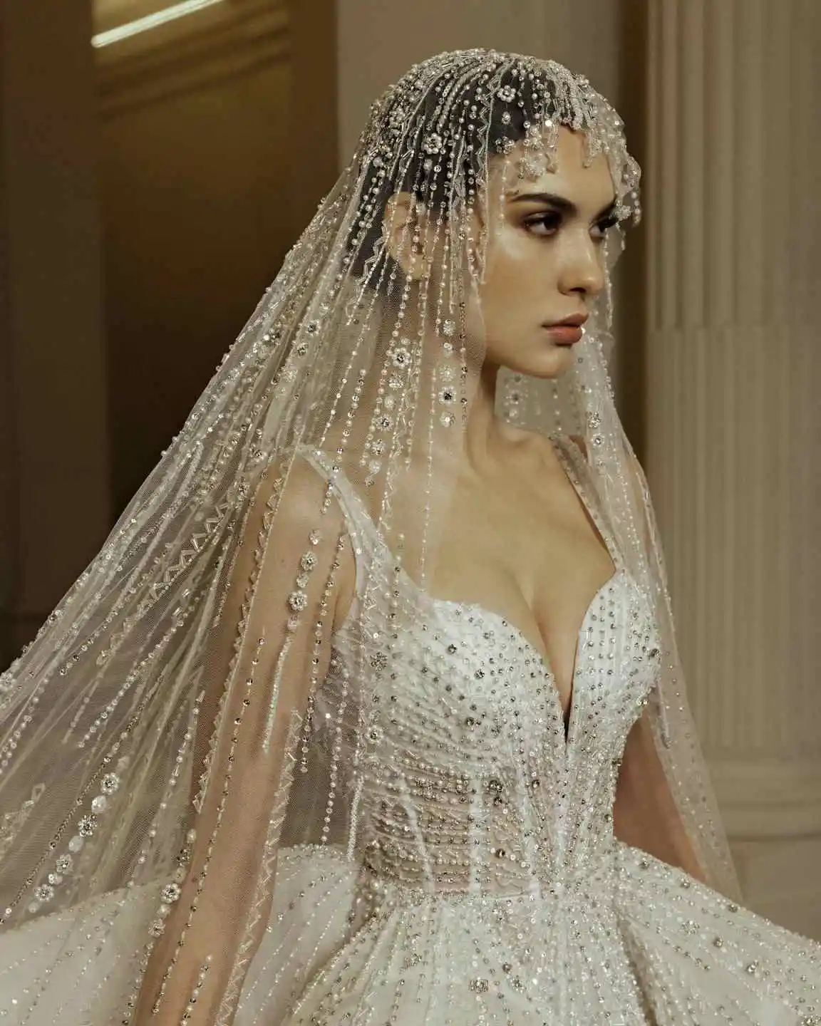 Cathedral Veil No Hair Comb Wedding Veils One Layer Tulle 3D Crystal Lace Tulle White Ivory Bridal Veil Custom Made Veil