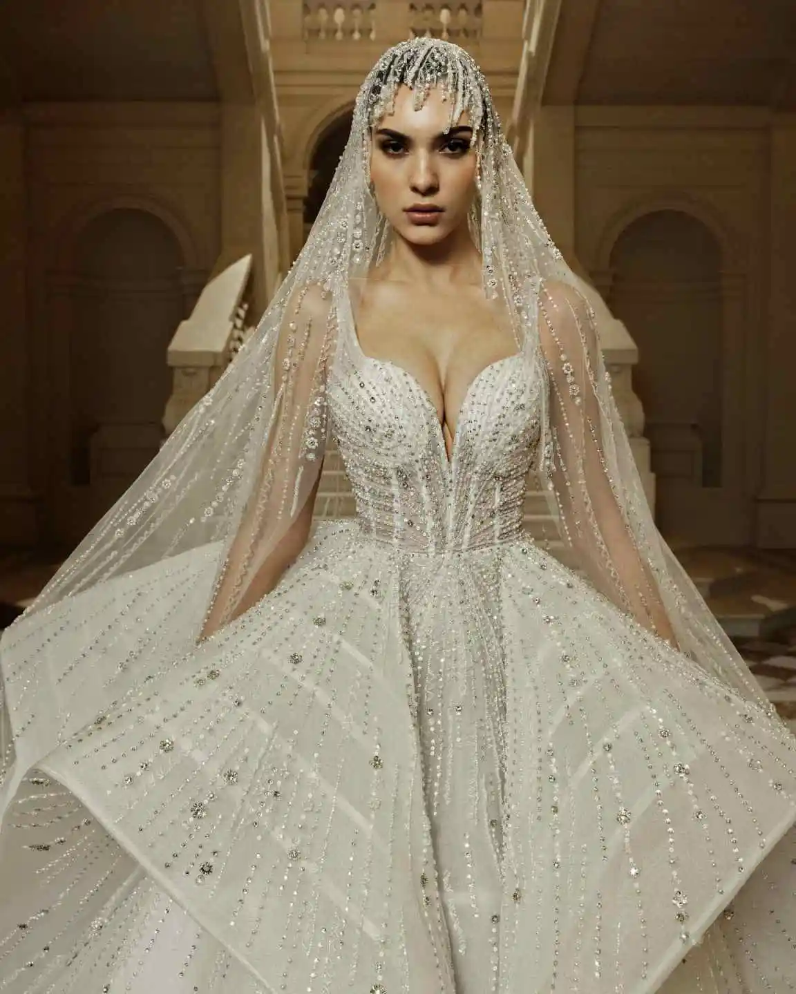 Cathedral Veil No Hair Comb Wedding Veils One Layer Tulle 3D Crystal Lace Tulle White Ivory Bridal Veil Custom Made Veil