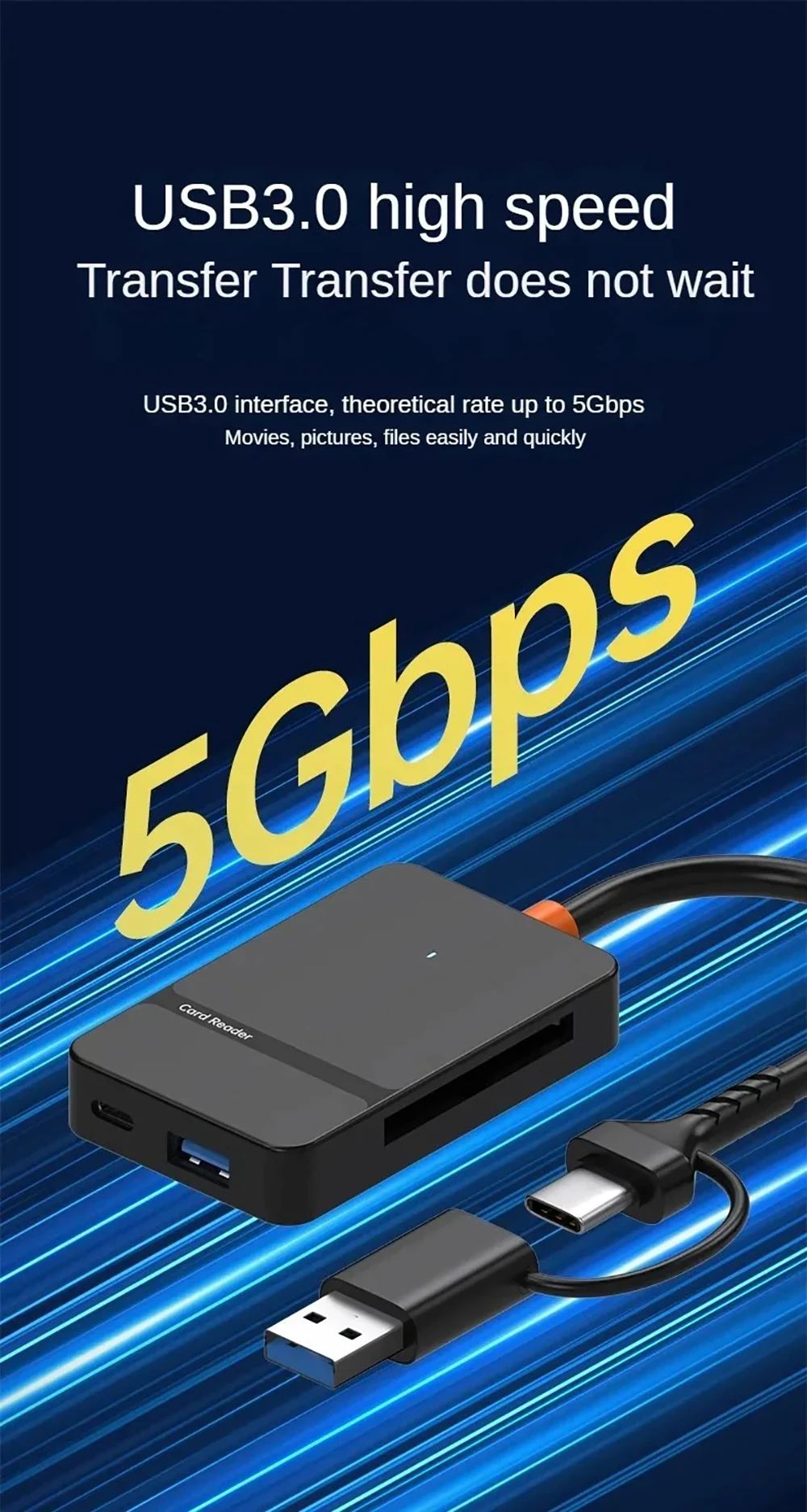 USB C 8-in-1 Card Reader Multi-functional Card Reader Support SD/TF/CF/MS Card Read 5Gbps Write Read U Disk Flash Card Adapter