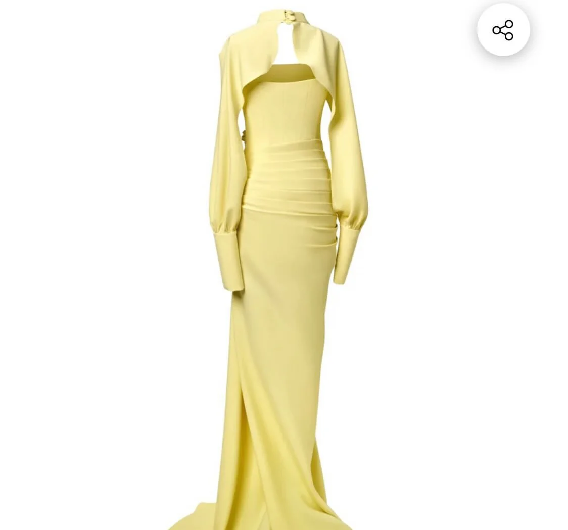 Meetlove Yellow High Neck Floor Length Satin Full-sleeves 3D Flowers Evening Dressses Customized Strapless Sheath Prom Gowns