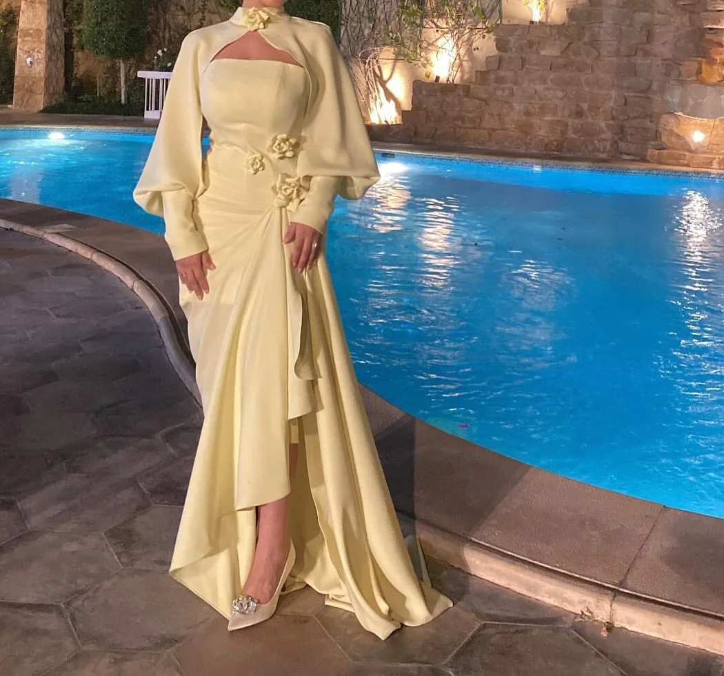 Meetlove Yellow High Neck Floor Length Satin Full-sleeves 3D Flowers Evening Dressses Customized Strapless Sheath Prom Gowns