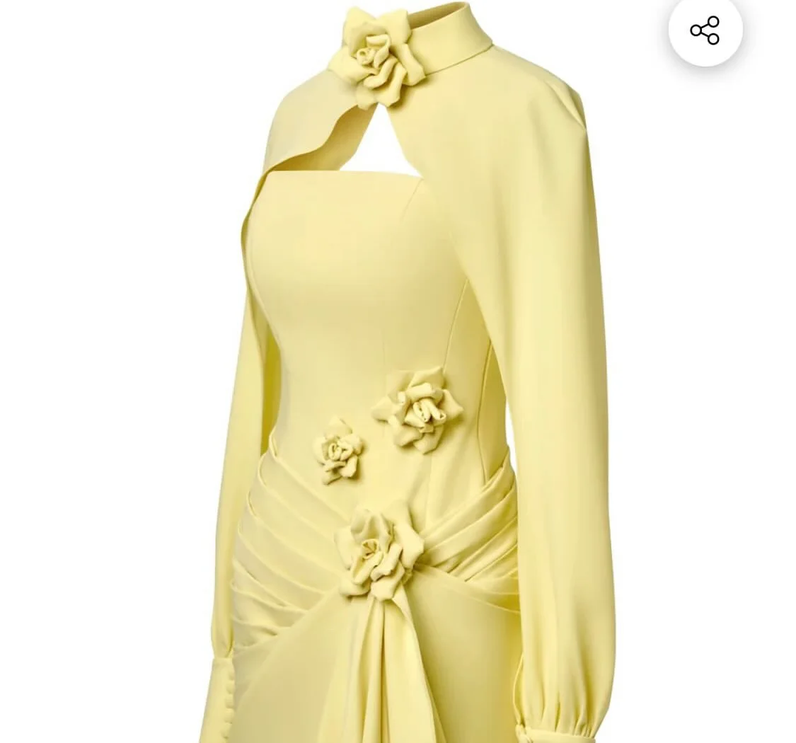 Meetlove Yellow High Neck Floor Length Satin Full-sleeves 3D Flowers Evening Dressses Customized Strapless Sheath Prom Gowns