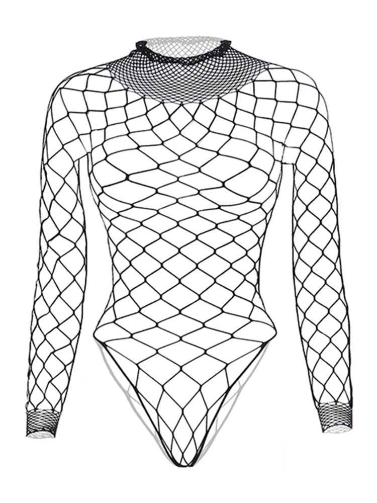 Hollow Out Black Sexy Bodysuits Fishnet Clubwear Long Sleeves Outfits Fashion Slim Chic Summer Y2K Clothes Basic Tights