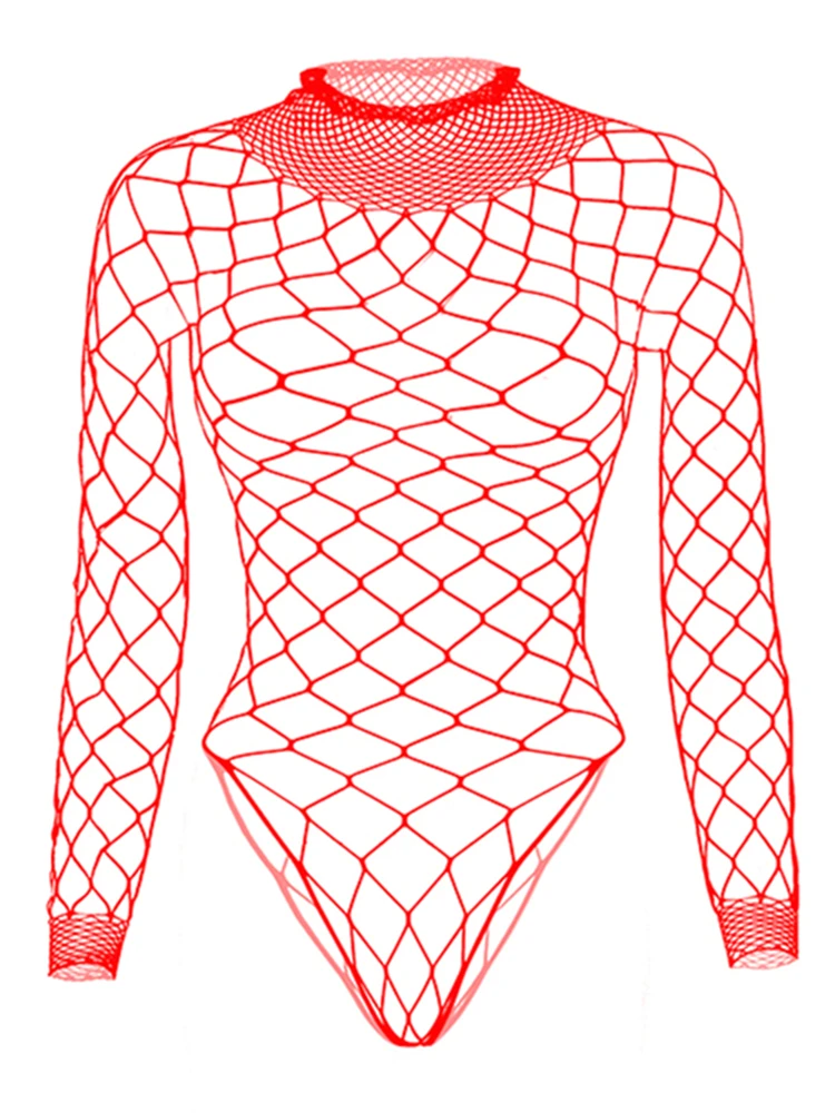 Hollow Out Black Sexy Bodysuits Fishnet Clubwear Long Sleeves Outfits Fashion Slim Chic Summer Y2K Clothes Basic Tights