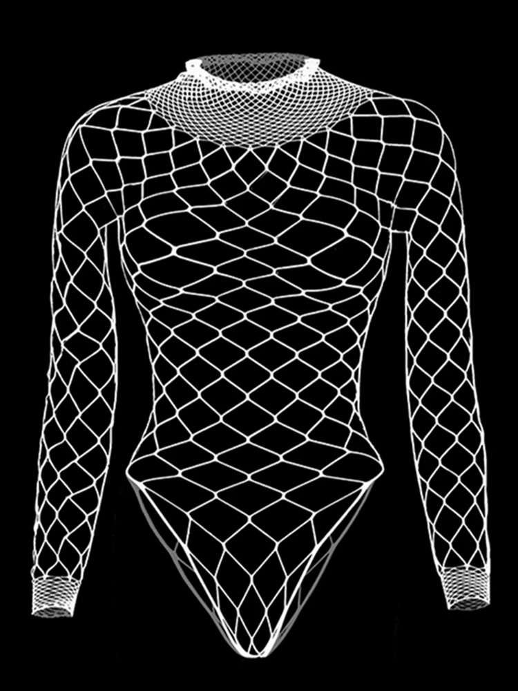 Hollow Out Black Sexy Bodysuits Fishnet Clubwear Long Sleeves Outfits Fashion Slim Chic Summer Y2K Clothes Basic Tights