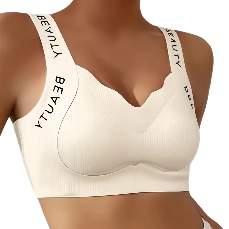 Ribbed Bras Wireless Bra Women Seamless Underwear Plus Size Wave Neckline Wide Strap Letter Print Support Sexy Lingerie M-3XL
