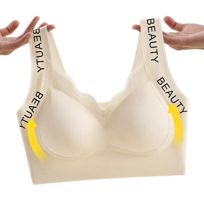 Ribbed Bras Wireless Bra Women Seamless Underwear Plus Size Wave Neckline Wide Strap Letter Print Support Sexy Lingerie M-3XL