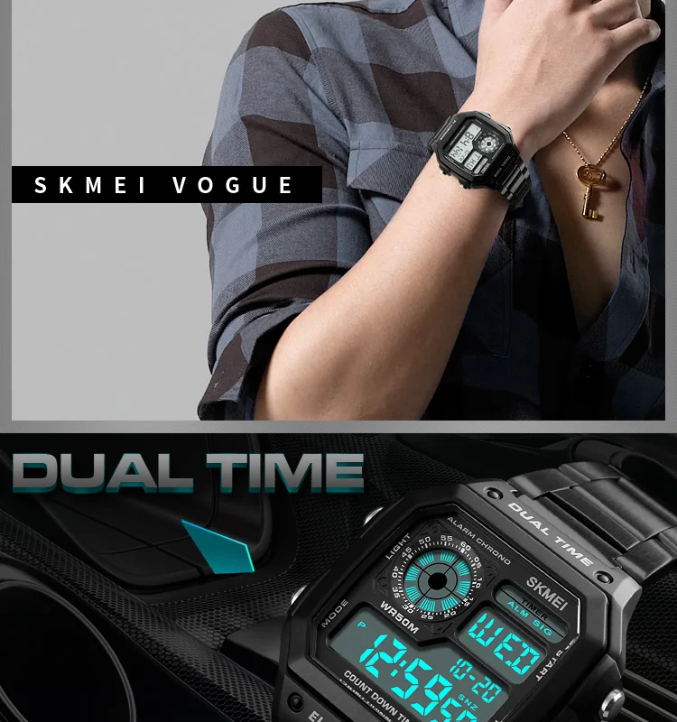 SKMEI 1335 Digital Watch for Men Retro Sports Waterproof Chrono Electronic Mens Wristwatches Stainless Steel Clock Reloj Hombre
