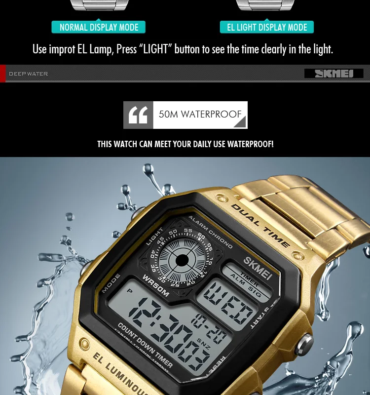 SKMEI 1335 Digital Watch for Men Retro Sports Waterproof Chrono Electronic Mens Wristwatches Stainless Steel Clock Reloj Hombre