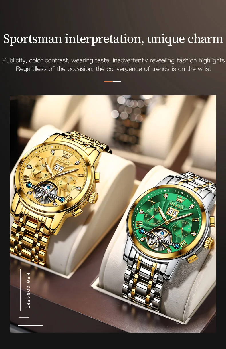 OLEVS 9910 Mens Watch Original Luxury Tourbillon Automatic Mechanical Watche Waterproof Luminous Day-Date Watch With Box Reloj