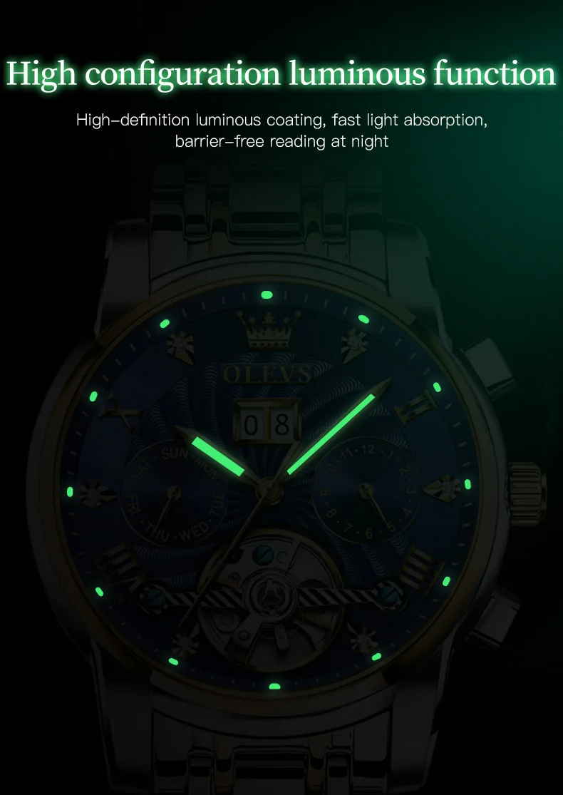 OLEVS 9910 Mens Watch Original Luxury Tourbillon Automatic Mechanical Watche Waterproof Luminous Day-Date Watch With Box Reloj