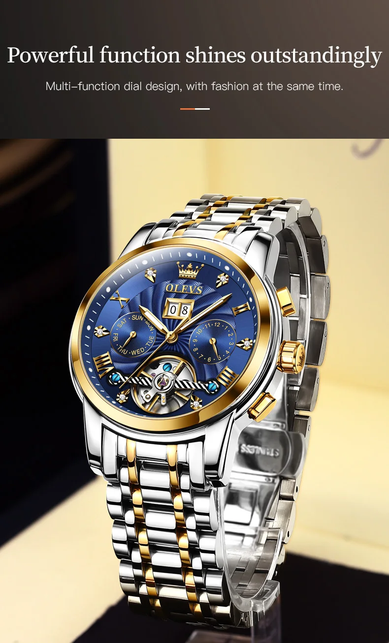 OLEVS 9910 Mens Watch Original Luxury Tourbillon Automatic Mechanical Watche Waterproof Luminous Day-Date Watch With Box Reloj