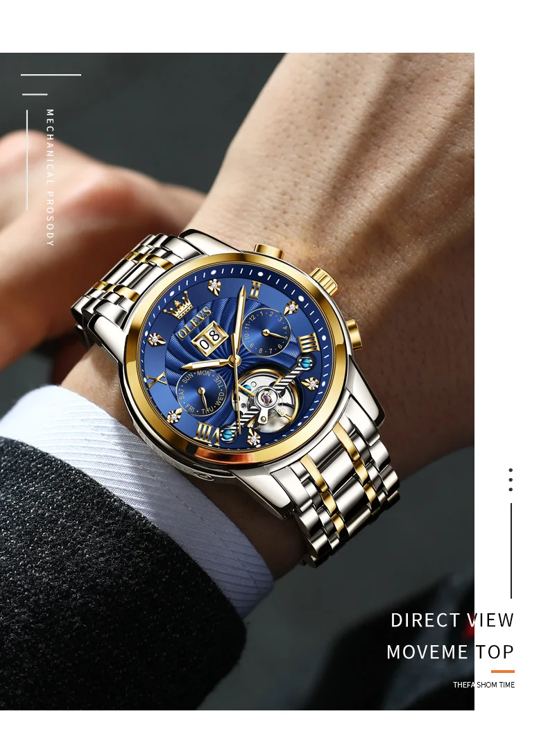 OLEVS 9910 Mens Watch Original Luxury Tourbillon Automatic Mechanical Watche Waterproof Luminous Day-Date Watch With Box Reloj