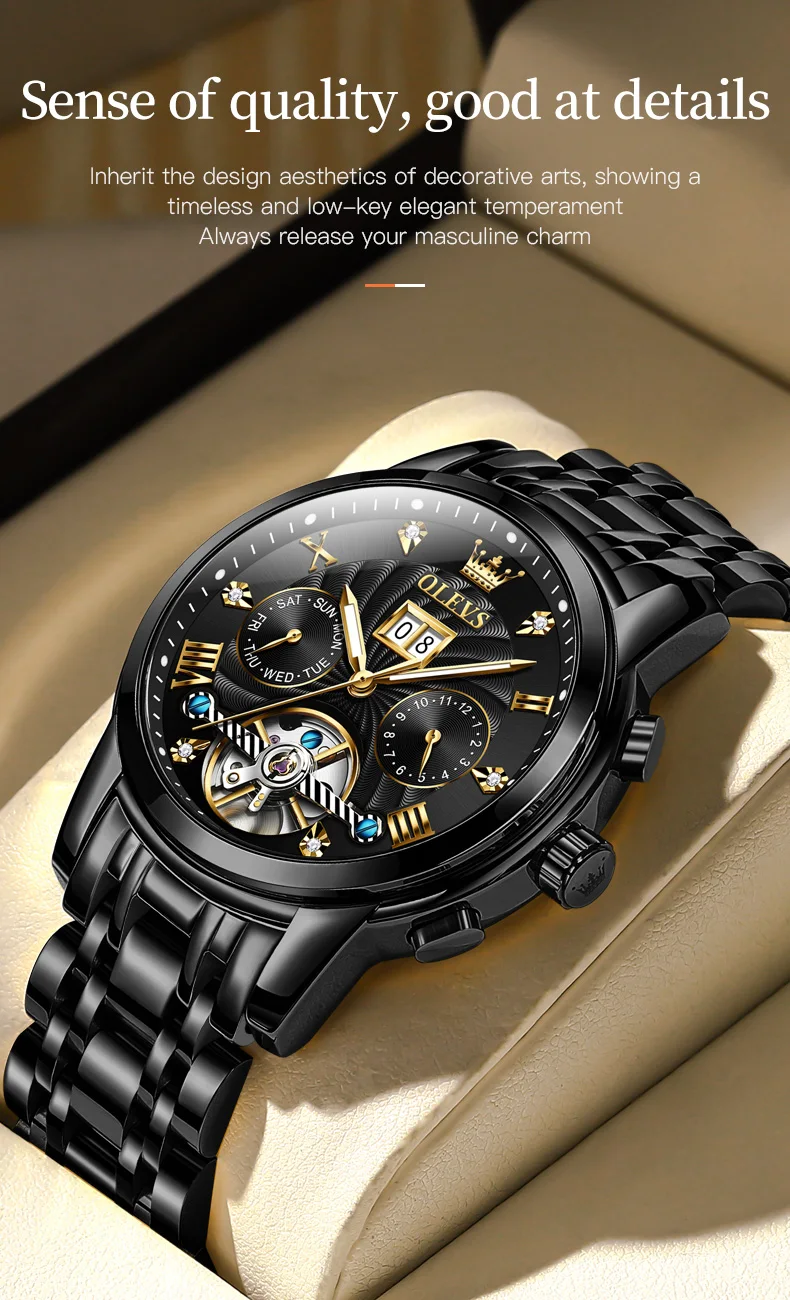 OLEVS 9910 Mens Watch Original Luxury Tourbillon Automatic Mechanical Watche Waterproof Luminous Day-Date Watch With Box Reloj