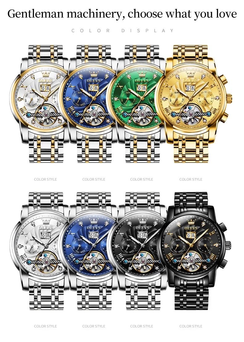 OLEVS 9910 Mens Watch Original Luxury Tourbillon Automatic Mechanical Watche Waterproof Luminous Day-Date Watch With Box Reloj