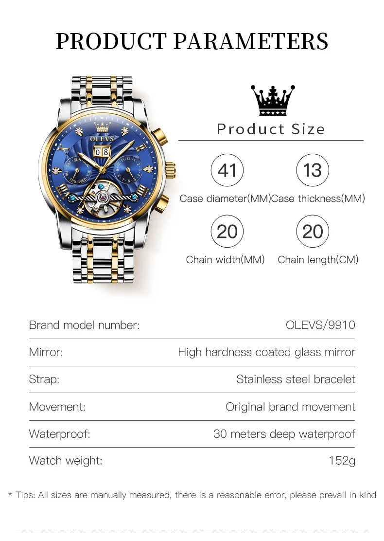 OLEVS 9910 Mens Watch Original Luxury Tourbillon Automatic Mechanical Watche Waterproof Luminous Day-Date Watch With Box Reloj