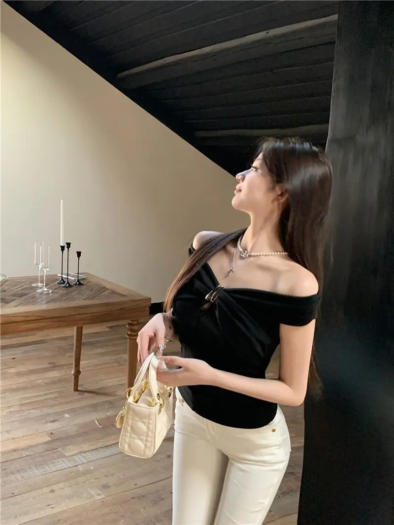 Summer Solid Color Sexy Off Shoulder Tops Lace Up Sleeveless T-Shirt Casual Slim Top Black Short Sleeve Wome
