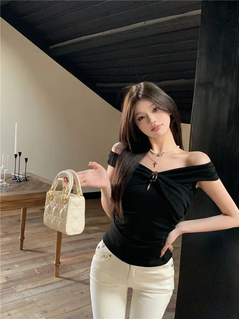 Summer Solid Color Sexy Off Shoulder Tops Lace Up Sleeveless T-Shirt Casual Slim Top Black Short Sleeve Wome