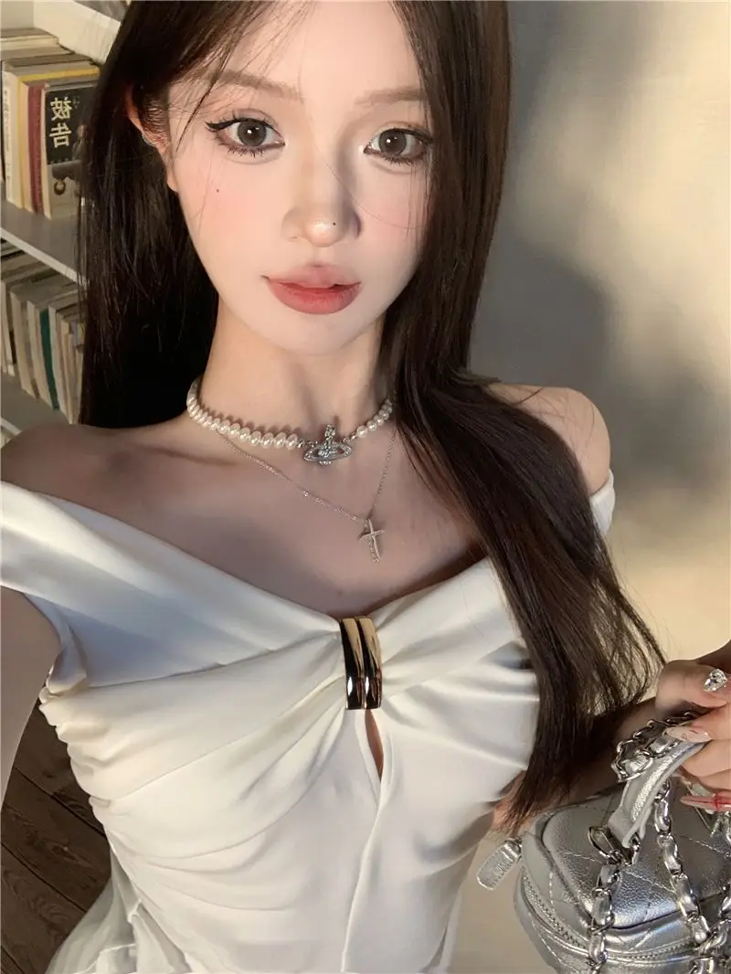 Summer Solid Color Sexy Off Shoulder Tops Lace Up Sleeveless T-Shirt Casual Slim Top Black Short Sleeve Wome