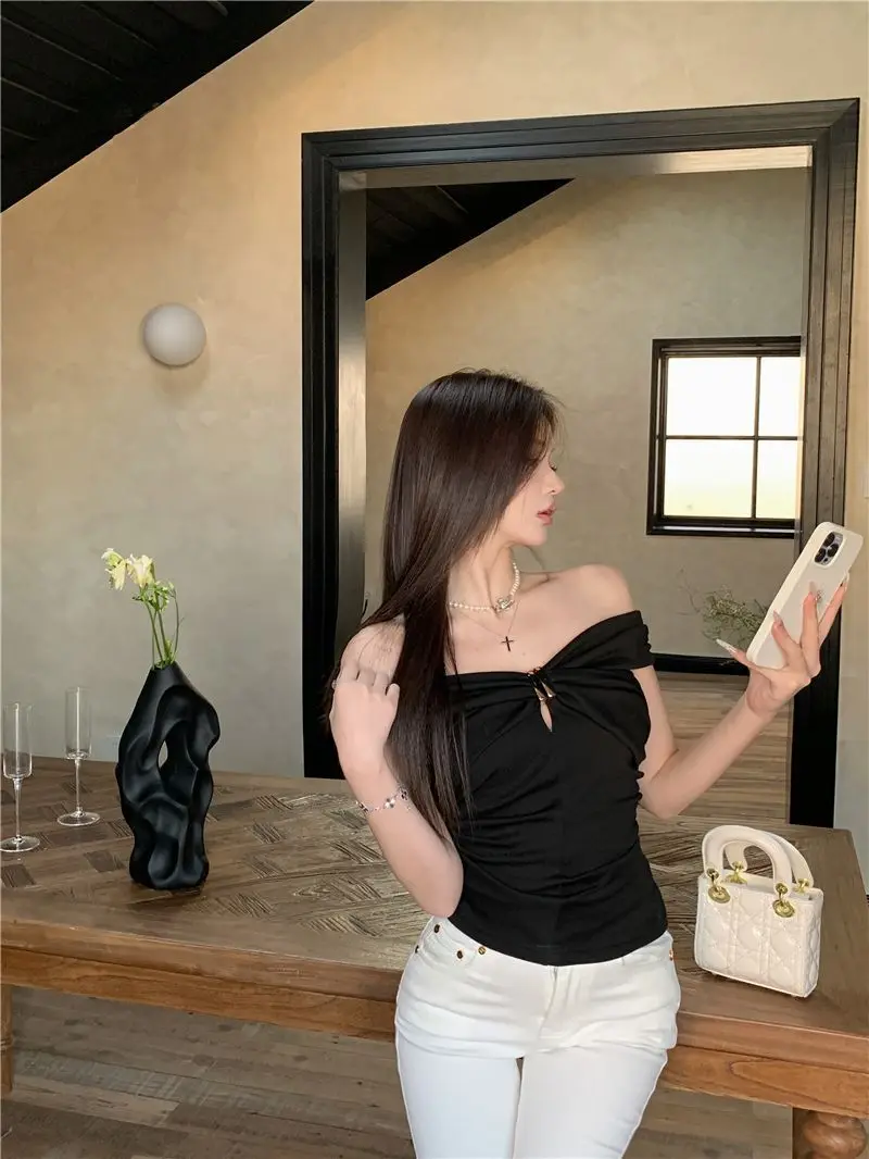Summer Solid Color Sexy Off Shoulder Tops Lace Up Sleeveless T-Shirt Casual Slim Top Black Short Sleeve Wome
