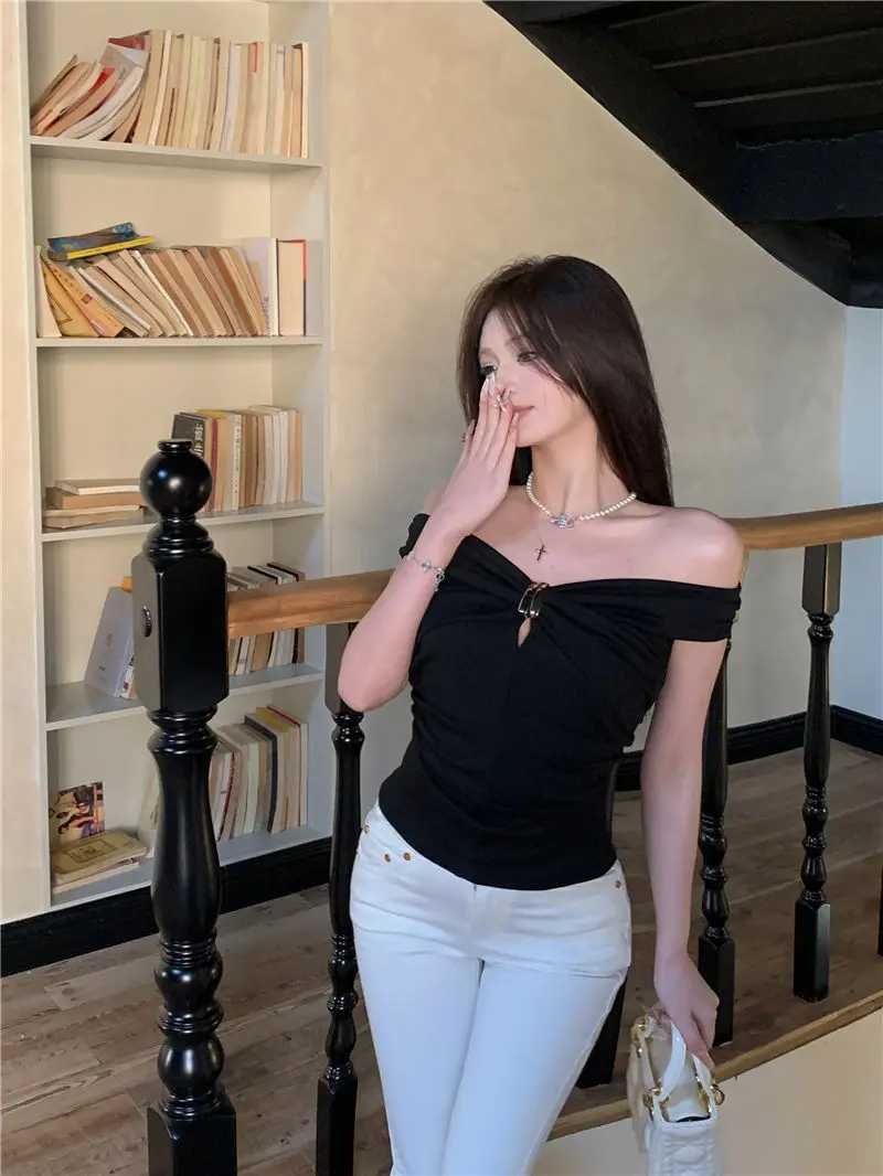 Summer Solid Color Sexy Off Shoulder Tops Lace Up Sleeveless T-Shirt Casual Slim Top Black Short Sleeve Wome