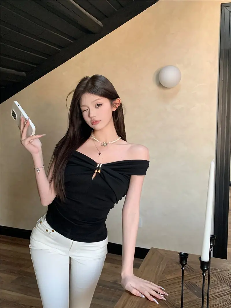 Summer Solid Color Sexy Off Shoulder Tops Lace Up Sleeveless T-Shirt Casual Slim Top Black Short Sleeve Wome