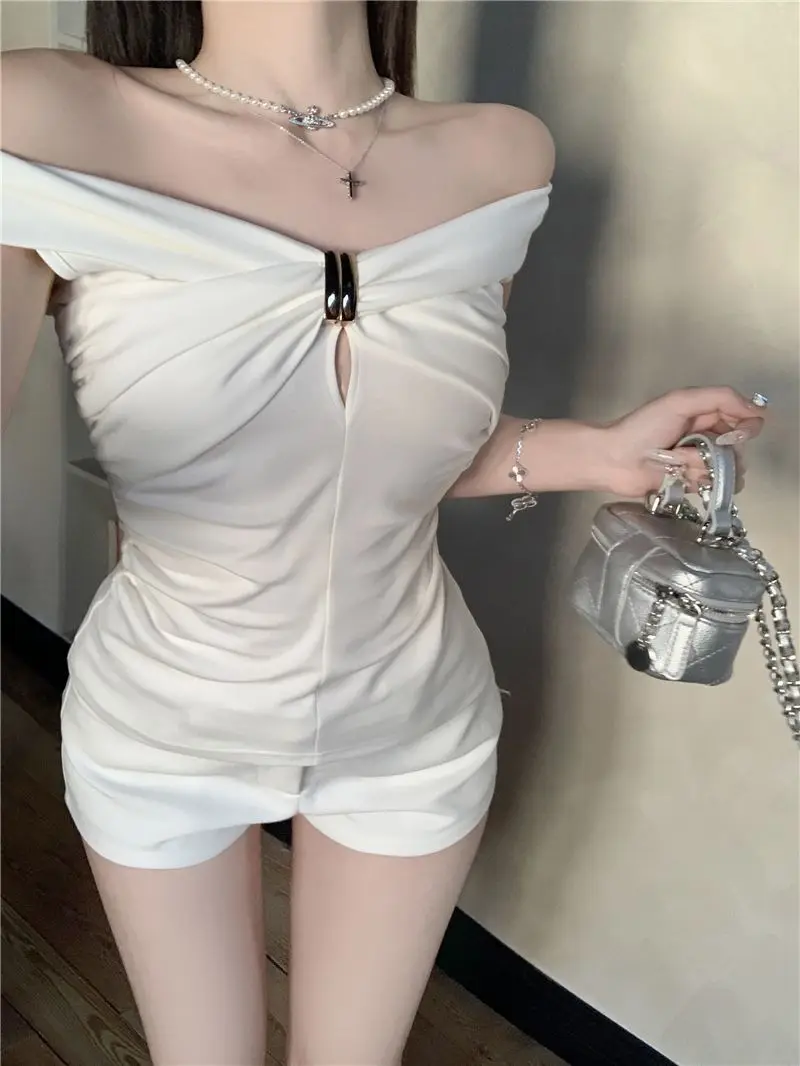 Summer Solid Color Sexy Off Shoulder Tops Lace Up Sleeveless T-Shirt Casual Slim Top Black Short Sleeve Wome
