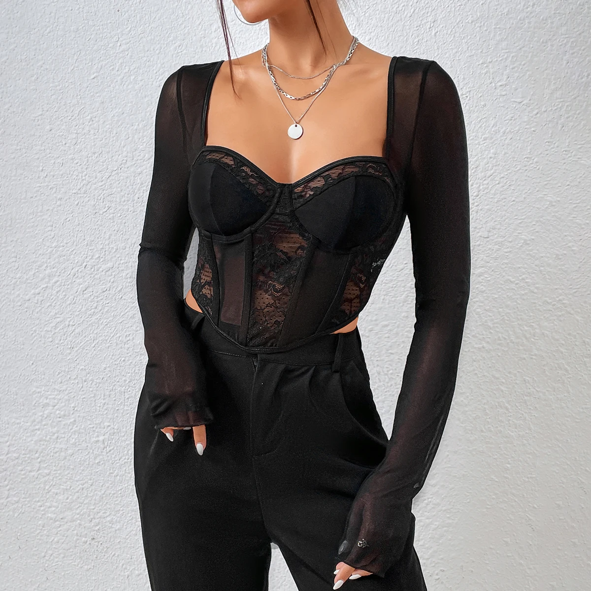 Chic Sexy V Neck Long Sleeve Mesh Crop Top, Women Black Backless Lace Embroidery Hollow Out Slim Comfortable Casual Wear Blouse