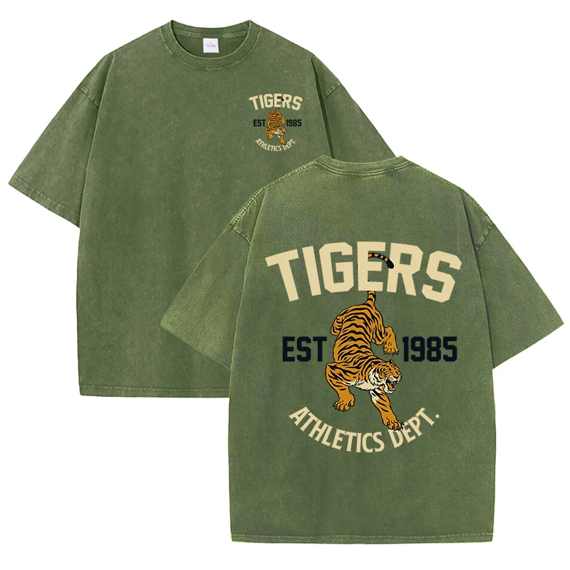 Tigers Est 1985 Sport Print Washed Women T-Shirt Summer Casual Retro T Shirts Snow Wash Tee Top Loose Unisex Retro Streetwear