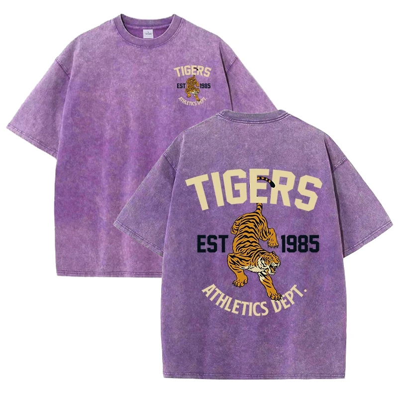 Tigers Est 1985 Sport Print Washed Women T-Shirt Summer Casual Retro T Shirts Snow Wash Tee Top Loose Unisex Retro Streetwear