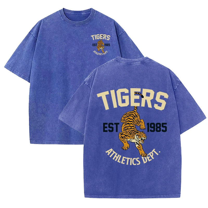 Tigers Est 1985 Sport Print Washed Women T-Shirt Summer Casual Retro T Shirts Snow Wash Tee Top Loose Unisex Retro Streetwear
