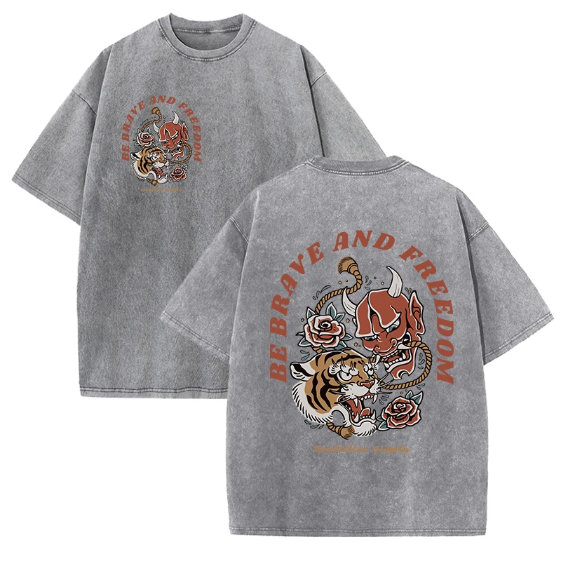 Tigers Est 1985 Sport Print Washed Women T-Shirt Summer Casual Retro T Shirts Snow Wash Tee Top Loose Unisex Retro Streetwear