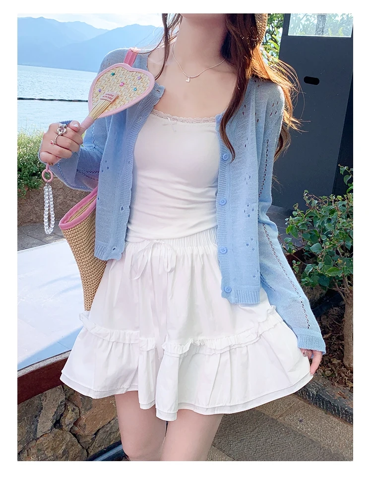Grey Knitted Cardigan Thin Tops Women Summer Hollow Out Long Sleeve Button Sun Protected Korean Style Short Knitwear Tops Female