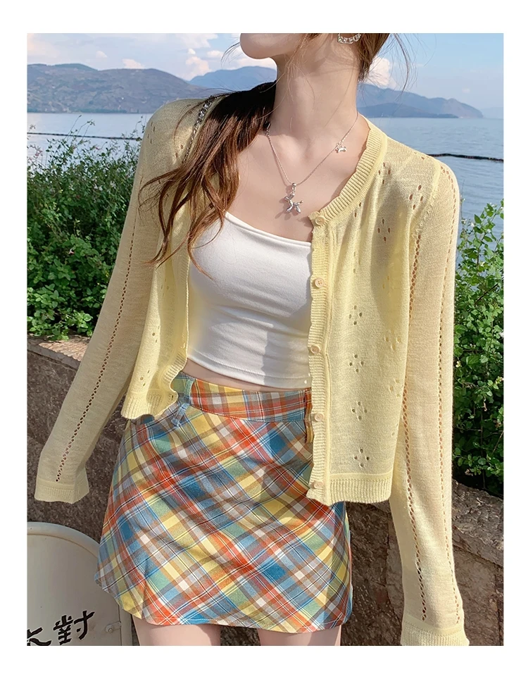 Grey Knitted Cardigan Thin Tops Women Summer Hollow Out Long Sleeve Button Sun Protected Korean Style Short Knitwear Tops Female